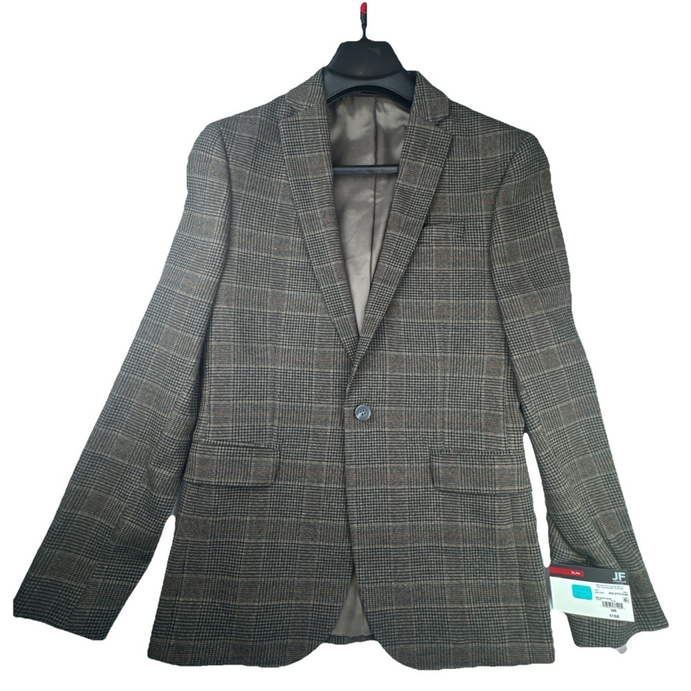 JF J.Ferrar Mens Slim Fit Blazer 36R Brown Glen Plaid Sport Coat Professional
